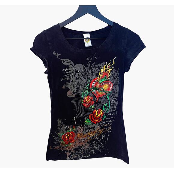 Ed Hardy Tops - Ed Hardy Christian Audigier Rhinestone Heart Rose T-Shirt Black Size S